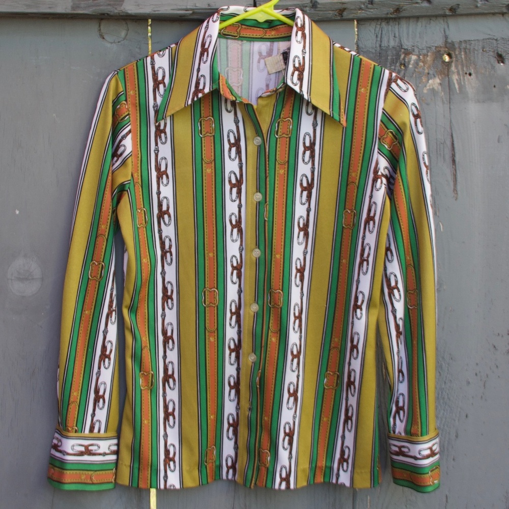 Jeffrey Ohrenstein Vintage Striped Button Up. Small Women's. Green Long Sleeve